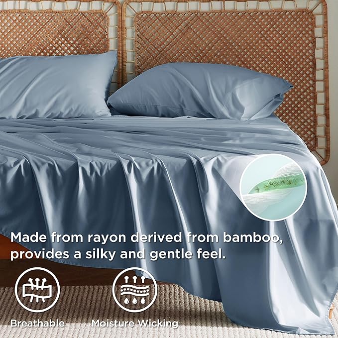 Bedsure Queen Sheet Set, Cooling Sheets for Queen Size Bed Set, Rayon Derived from Bamboo, Breathable & Soft, Deep Pocket, Hotel Luxury Silky Bedding for Hot Sleepers, Dusty Blue