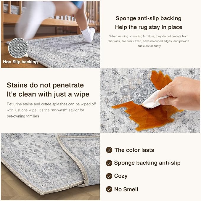 HUGEAR Entryway Machine Washable Area Rugs 2x5 Vintage Blue Small Neutral Style Non Slip Stain Resistant Low Pile Throw Carpet for Hallway Kitchen Retro Aesthetic Modern Decor