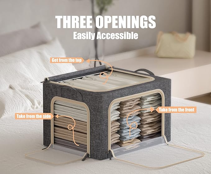 3 Openings Clothes Storage Bins with Metal Frame, Foldable Storage Bin for Clothes, Clothing Storage Bins with Lid, Linen Storage Box With Clear Window＆ Zippers＆ Durable Handles.(3 Pcs,Dark Grey,40L)