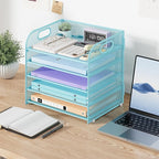 Cawukege 5 Tier Paper Organizer with Handle, Blue Metal Mesh Desk Organizer File Folder Paper Letter Tray Desktop Document Sorter for Classroom, School, Office Accessories Organization and Storage