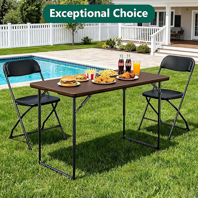 4ft Folding Table, Foldable Picnic Table Portable Table for Indoor Outdoor Use Heavy Duty Plastic Table Camping Table for Party, BBQ, Brown
