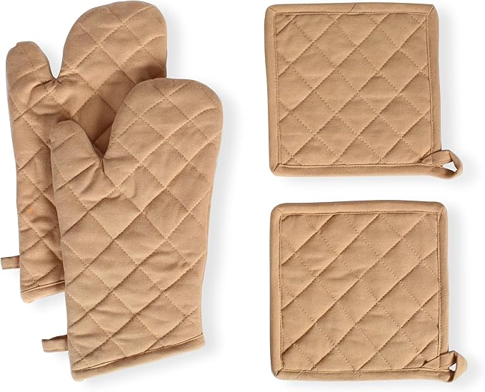 Native Fab Pot Holders and Oven Mitts Sets for Kitchen Heat Resistant- Hanging Non-Slip - 100% Cotton Oven Mitts and Pot Holders 4-Piece Set- Beige