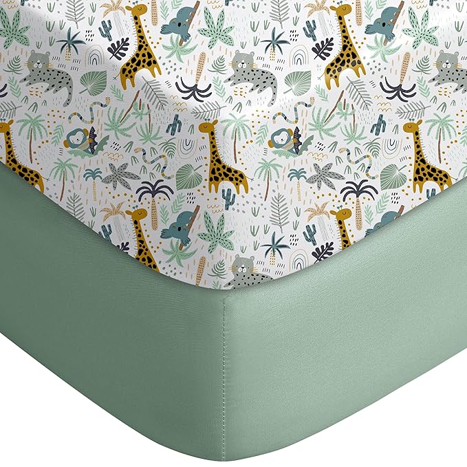 Yoofoss Pack and Play Sheets Fitted, Mini Crib Sheets 2-Pack for Pack N Play Mattress, Stretchy Playard Sheet, Soft and Breathable Green+Giraff