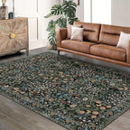 MUJOO Floral 5x7 Area Rugs,Washable Rug for Living Room Bedroom Office Dining Room,Large Throw Carpet,Boho Non Slip Indoor Floor Big Soft Botanical Vintage Ultra-Thin Black and Green