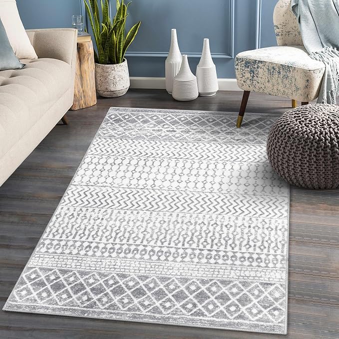 Moroccan Grey 4x6 Rug, Washable Boho Distressed Living Room Rug Non-Slip Large Rug, Faux Wool Low-Pile Indoor Floor Carpet Accent Rugs for Kitchen Bedroom Office Dining Table