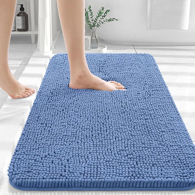 OLANLY Bathroom Rugs 30x20, Extra Soft Absorbent Chenille Bath Rugs, Rubber Backing Quick Dry, Machine Washable Bath Mats for Bathroom Floor, Tub and Shower, Home Decor Accessories, Cornflower Blue