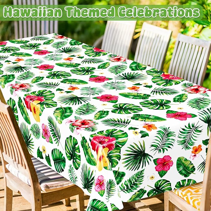 QZYL 4Pcs Luau Party Decorations, 108" X 54" Floral Leaf Tablecloth, Disposable Plastic Luau Party Decorations, Rectangle Tropical Palm Tablecover for Hawaiian Theme Decor Tropical Summer Beach Pool