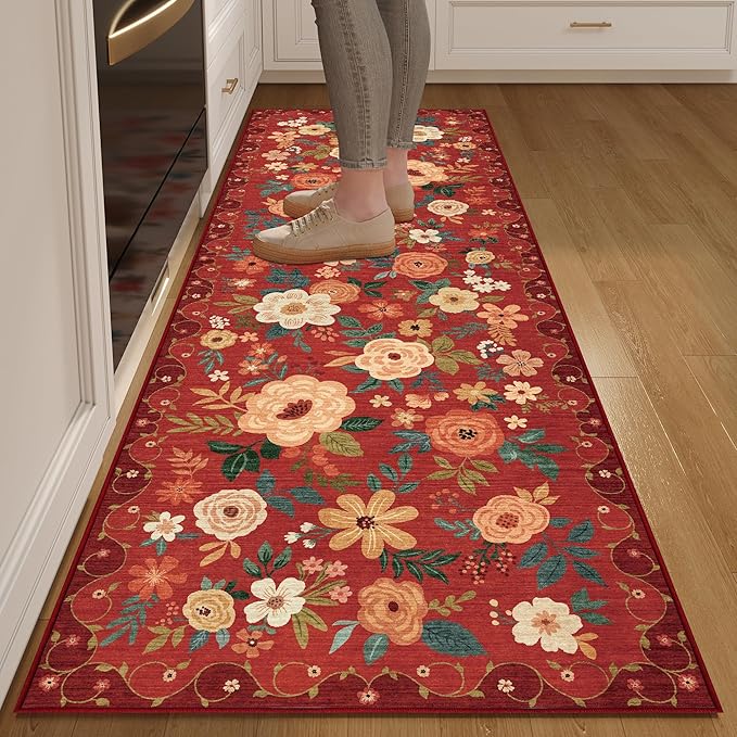 DUKINO 2x6 Runner Rug for Hallway, Washable Kitchen Runner Rug with Non Slip Backing, Low Pile Soft Boho Floral Runner for Kitchen, Hallway, Entryway, Laundry, Bedroom, Red
