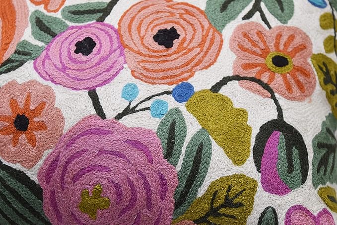 Roses Floral Pillow Cover Flower Farmhouse Chair Cushion Suzani Flowers Pillowcase Boho Florals Accent Throw Pillowsham Wool Hand Embroidered Size 18x18