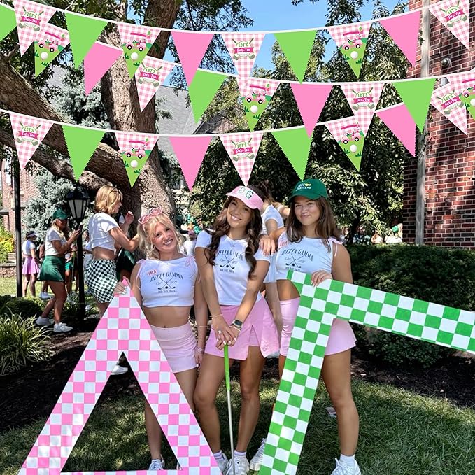 32Ft Pink Golf Party Decorations Pink Green Golf Ball Triangle Flag Fabric Banner Pennant Garland Streamers for Let's Par-tee Birthday Baby Shower Masters Sports Fans Party Outddor Decor Supplies