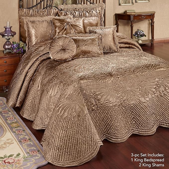 Touch of Class Portia Luxury Bedding | Rich Smoky Topaz | Premier Quilted Polyester Satin | Romantic Hand Guided Machine Quilted Scroll Design 3 Piece Set: King Oversized Bedspread & 2 King Shams