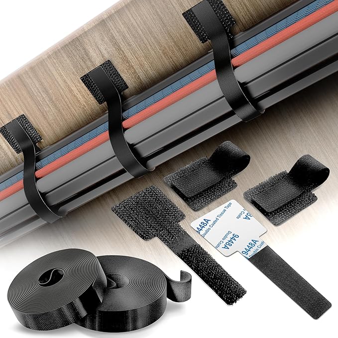 Cable Management Kit – 40 Self-Adhesive Hook & Loop Cable Ties with 2 Extension Straps, Strong Adhesive Cord Organizer for Desk, Wall, Home & Office – Adjustable Wire Holders (Black)