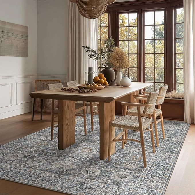 Washable Area Rugs 5'x7' Non-Slip Vintage Boho Distressed Fade Resistant Low Pile Carpet for High-Traffic Living Room, Bedroom & Dining Room
