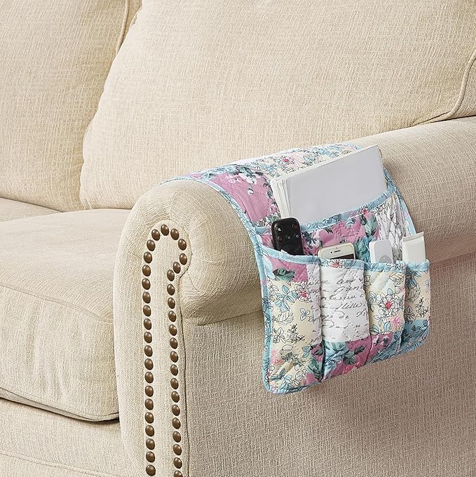 Brilliant Sunshine Lilac Rose Couch Sofa Armrest 5 Pockets Organizer, Slip Resistant Recliner Armchair Caddy, Washable Remote Controls Holder, Storage for Magazine, Tablet, Phone, 35×13", Egg Blue