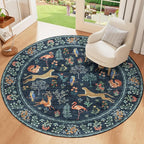 DUKINO 4ft Round Rug, Washable Round Area Rug, Non Slip Indoor Low Pile Animal Design, Soft Small Vintage Circle Carpet for Bedroom, Entryway, Living Room, Dining Room, Navy Blue