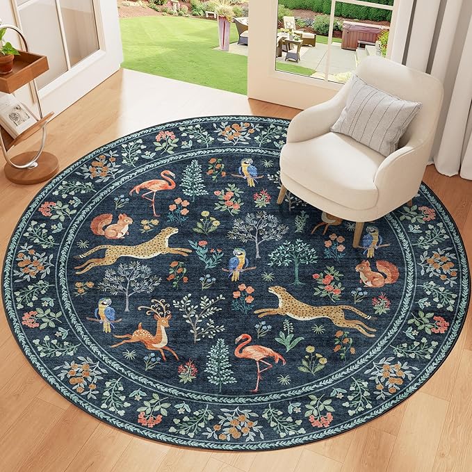 DUKINO 4ft Round Rug, Washable Round Area Rug, Non Slip Indoor Low Pile Animal Design, Soft Small Vintage Circle Carpet for Bedroom, Entryway, Living Room, Dining Room, Navy Blue