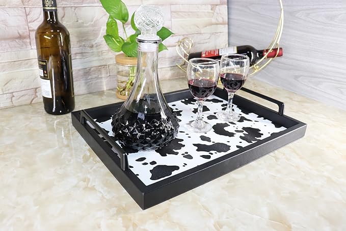 MCBZ Living Room Decorative Tray, Serving Tray, Coffee Table Tray, Leather Tray, Hardware Handle 16.5 x 12.6 inches (Black)