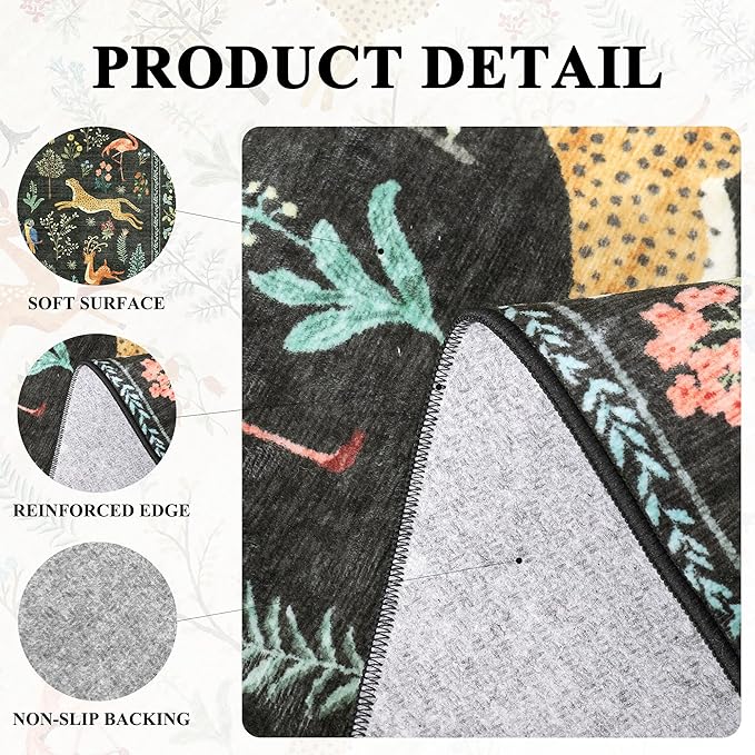 DUKINO 2x4 Rug for Hallway, Washable Kitchen Runner Rug with Non Slip Backing, Soft Low Pile Vintage Animal Runner for Bedroom, Kitchen, Hallway, Entryway, Laundry, Black