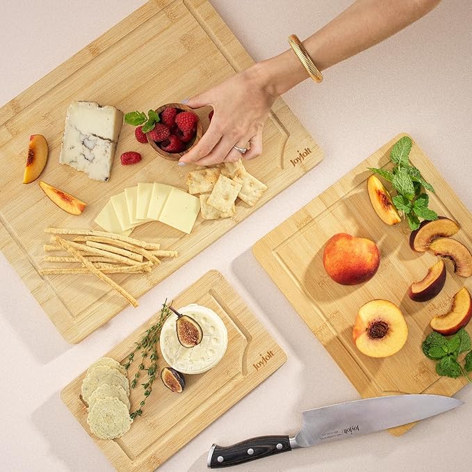 JoyJolt Bamboo Cutting Boards - Large & Small Wooden Board - Serving Cheese, Bread or Chopping Boards. Non-Slip