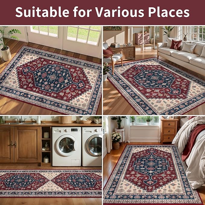 Tangsoo Vintage 2x3 Entry Rug,Washable Indoor Rug for Entryway,Non-Slip Small Throw Mat Soft Low Pile Door Carpet for Front Porch Entrance Kitchen Bathroom,Deep Red