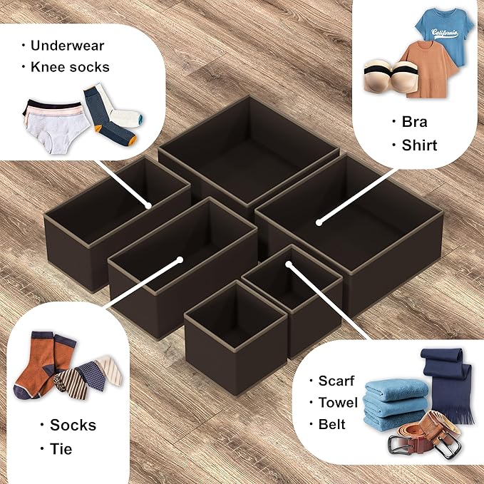 Simple Houseware Underwear Drawer Organizer for Lingerie/Undergarment/Bra/Panty/Sock/Onesie, Set of 6, Brown