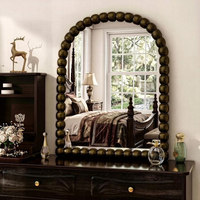 24"×36" Bronze Arched Bathroom Vanity Mirror, Vintage Beaded Decorative Wall Mounted Makeup Mirror, as Wall Decor Hanging Leaning for Fireplace Mantle, Living Room, Bedroom, Vanity Area