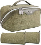 BOYATU Travel Makeup Bags Cosmetic Organizer Bag: 3 Pcs Set Large Capacity Make up Bag with Compartments - Waterproof Leather Toiletry Bags with Handle for Women (A-Green)