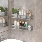 PUSDON 16.5-Inch Extra Long Slim Mesh Shower Caddy, Wall Mounted Bathroom Organizer with Adhesive, Heavy Duty Rustproof Shelf for Narrow Kitchen Pantry & RV, Holds 50 LBS Silver Gray -2 Packs Netting