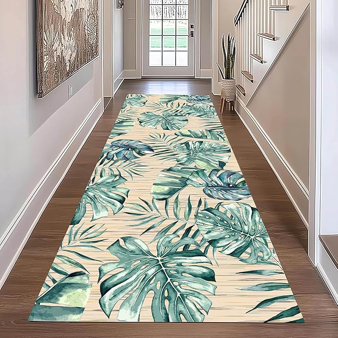 Tropical Palm Leaf Runner Rug 3.3x7 ft - Green Plant Pattern Non-Slip Rug, Stain Resistant Easy Clean for Hallway, Living Room, Bedroom Floor Mat