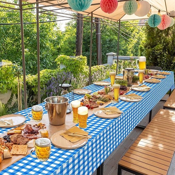 12 Pack Blue and White Plastic Checkered Tablecloth, Premium Decorative Disposable Blue Gingham Plaid Table Cloths for Parties, Rectangle Party Table Cover for Picnic Farm Birthday Wedding, 54x108Inch