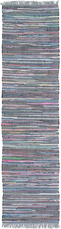 SAFAVIEH Rag Rug Collection Runner Rug - 2'3" x 6', Aqua & Multi, Handmade Boho Stripe Cotton, Ideal for High Traffic Areas in Living Room, Bedroom (RAR121K)