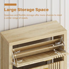 knoworld Shoe Storage Cabinet for Entryway with 2 Flip Drawers, 31.5" Narrow Fluted Shoe Organizer Cabinet, Slim Wooden Shoe Cabinet, Freestanding Hidden Shoe Cabinet for Entrance, Hallway (Natural)