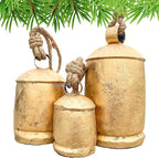 Vintage Metal Harmony Bells, Rustic Farmhouse Door Hanging Cow Bells, Gold Shabby Chic Christmas Decor, Bells for Christmas Wreath, Set of 3 with Jute Rope