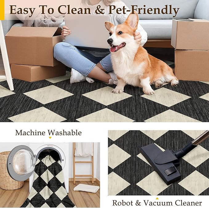 2x6 Runner Checkered Rug for Hallways Black Washable Long Carpet Non-Slip Low Pile Boho Indoor Accent Throw Rug for Entrance Kitchen Bedroom Dining Laundry