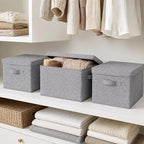 WUIKE Foldable Storage Bins with Lids, Storage Boxes with Handles, Closet Shelf Organizer, Fabric Storage Baskets for Bedroom, Decorative Storage Containers, Large, Ash Gray, 3-Pack