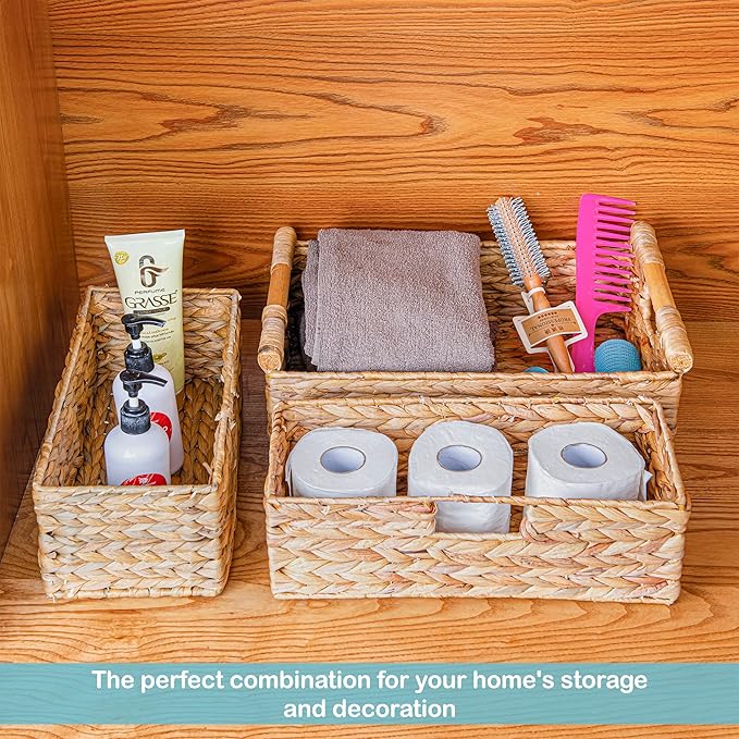 VATIMA Large Water Hyacinth Storage Baskets for Organizing with Wooden Handles for Shelves, 2 Bathroom Small Basket, Water Hyacinth Toilet Paper Baskets, Set of Natural Wicker Storage Basket for Home
