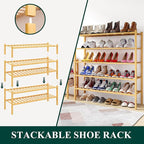 Smiry Long Bamboo Shoe Rack, 2 Tier Free Standing Wooden Shoe Organizer, Stackable Wood Shoe Storage Shelf for Closet, Entryway, 12 Vertical Slats, One-piece Standard Legs, 33.7"x11"x13", Natural