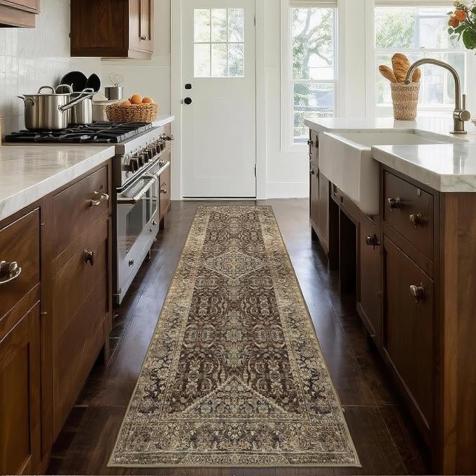 Non-Slip Runner Rugs for Hallway: 2x6 Washable Long Rug for Entryway Kitchen Bathroom Bedroom Indoor - Vintage Home Decor Mat Carpet - Oriental Dark Brown
