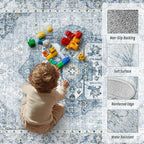 6x9 Area Rugs Washable Rugs for Living Room, Vintage Boho Rug Non-Slip Soft Floral Distressed Rug Low Pile Stain Resistant Carpet for Bedroom Nursery Office Dining Room Farmhouse Dorm(Blue, 6'x9')