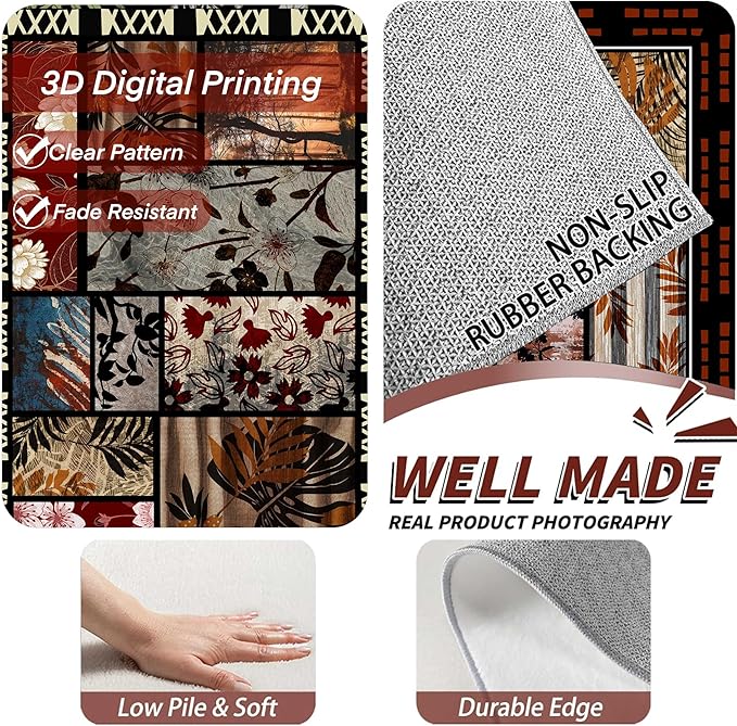 Rustic Cabin Area Rug 6x9ft, Animal & Moroccan Plaid Pattern Vintage Boho Carpet, Stain-Resistant Pet-Friendly & Non-Slip Low Pile for Living Room, Bedroom, Dining Room