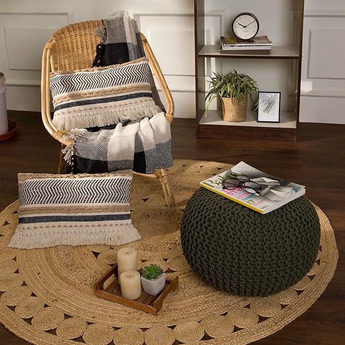 REDEARTH · Boho Textured Throw Pillow Cushion Covers - Lumbar Woven Tufted Decorative Farmhouse Cases Set for Couch, Sofa, Bed, Chair, Dining, Patio, Outdoor; 100% Cotton (12"x20", Black) Pack of 2