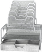 Simple Houseware Mesh Desk Organizer with Sliding Drawer, Double Tray and 5 Stacking Sorter Sections, Silver