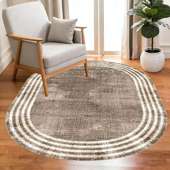 Country Earth Tone Brown Minimalist Distressed Home Office Rugs 8x10 for Living Room Bedroom Diningrooom Machine Washable Soft Thick Area Rug Nursery Dorm Kitchen Oval Geometric Bordered Large Carpet