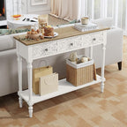 3More Entryway Console Table with 3 Drawers,42" Carved Hallway Table with Open Shelf,Long Sofa Table for Living Room, Hallway, Behind Couch,White