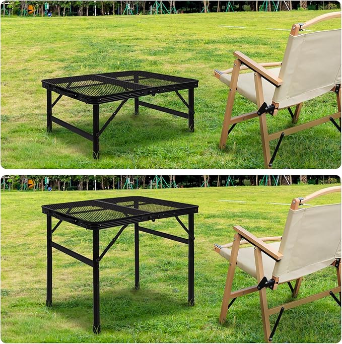 Folding Grill Table Camping Table with Mesh Desktop, Lightweight & Portable Outdoor Picnic Table, Height Adjustable Portable for Outside Inside Use
