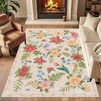 Rustic Flower Area Rug, 5x6ft, Classic Colorful Bohemian Floral Pattern with Beige Large Hall Botanical Rug, Non Slip No Crease Easy Care Girls Room Decor Carpet for Relax Room Bedroom