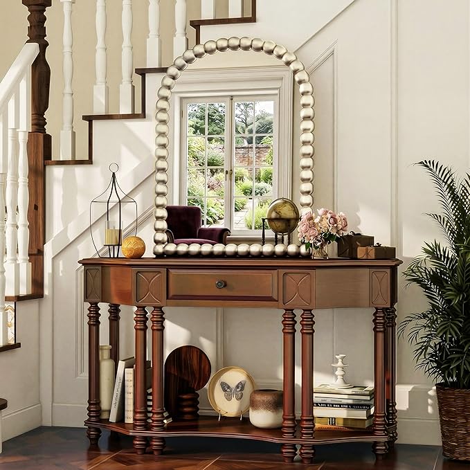 30"×38" Silver Arched Bathroom Vanity Mirror, Vintage Beaded Decorative Wall Mounted Makeup Mirror, as Wall Decor Hanging Leaning for Fireplace Mantle, Living Room, Bedroom, Vanity Area
