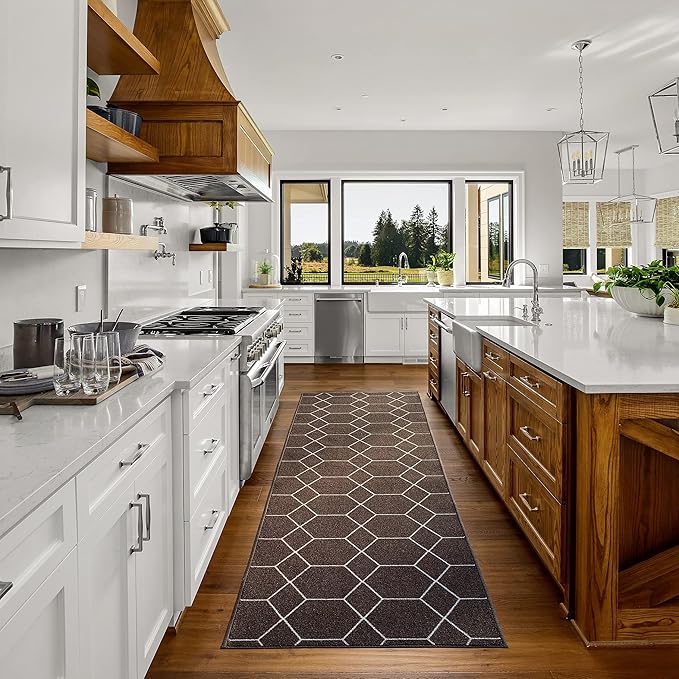 Custom Made Runner Rug for Kitchen Foyer Hallway Entry Choose Your Length Size 26 Inch Wide Geometric Lattice Design Brown Color (10 feet x 26 inch)