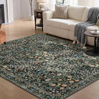 MUJOO Floral 5x7 Area Rugs,Washable Rug for Living Room Bedroom Office Dining Room,Large Throw Carpet,Boho Non Slip Indoor Floor Big Soft Botanical Vintage Ultra-Thin Black and Green