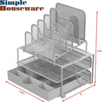 Simple Houseware Mesh Desk Organizer with Sliding Drawer, Double Tray and 5 Stacking Sorter Sections, Silver